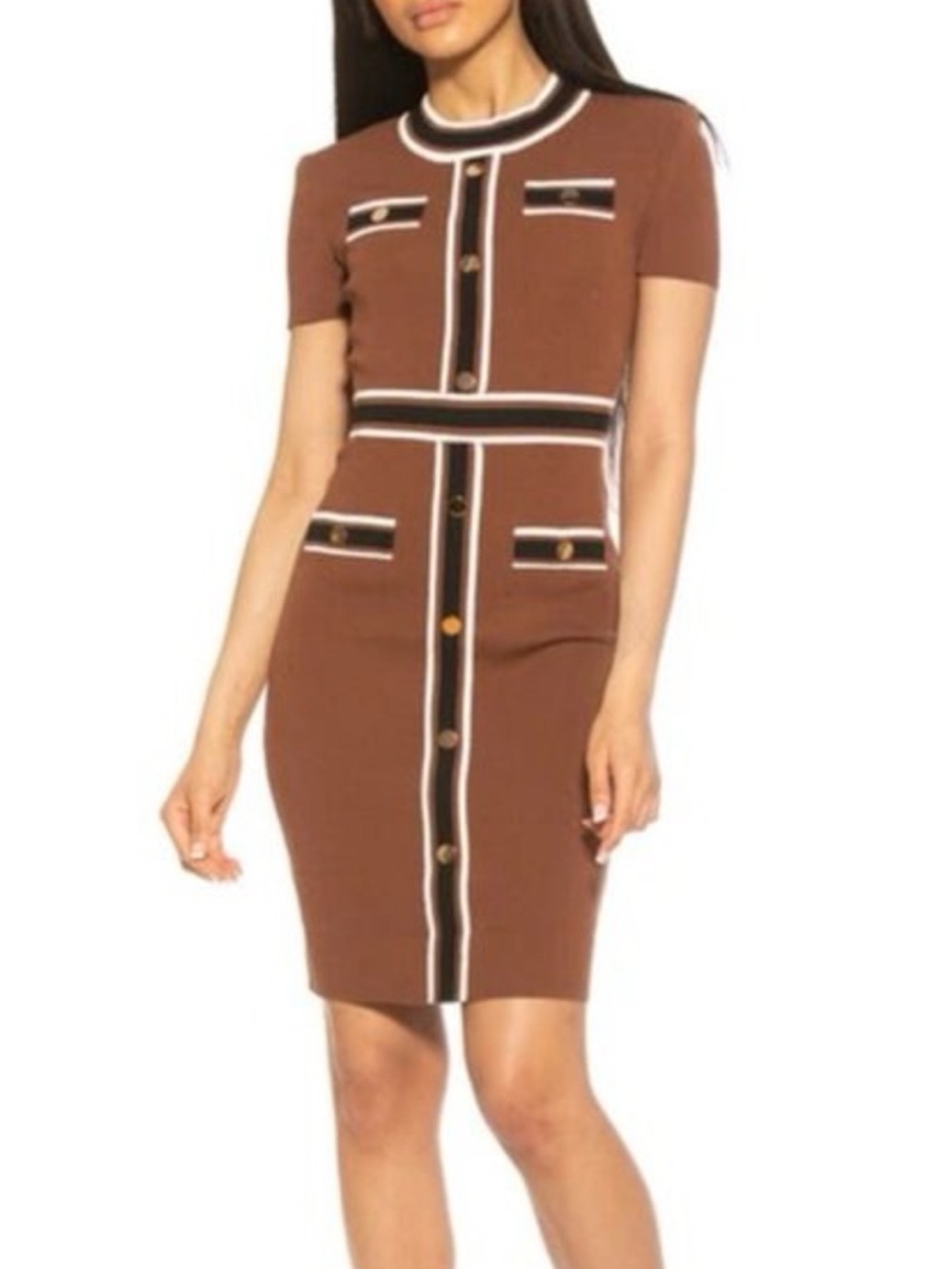 Alexia Admor Brown Knit Midi Dress with Black & White Trim NWT